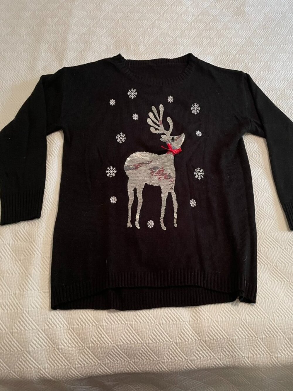 Oversized Black Metallic Reindeer Sequin Snowflake Ugly Christmas Sweater XL 1X